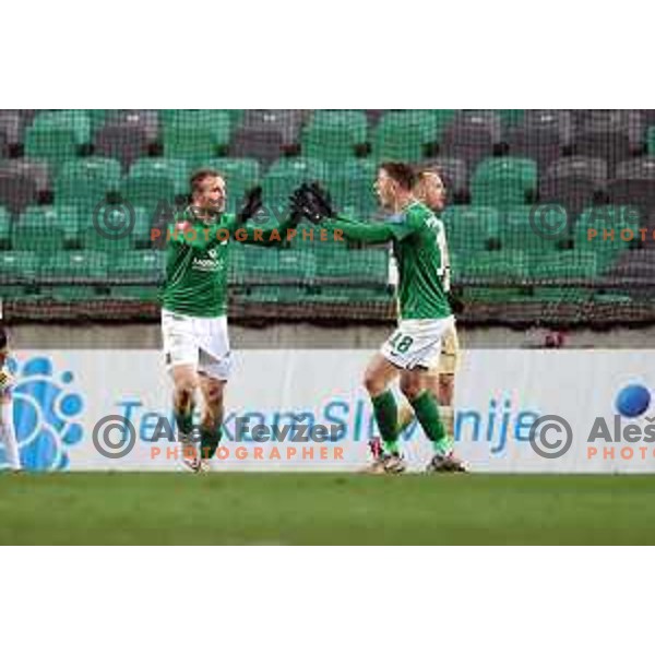Djordje Ivanovic and Andres Vombergar celebrate goal during Prva Liga Telekom Slovenije 2020-2021 football match between Olimpija ands Mura in SRC Stozice, Ljubljana on February 14, 2021