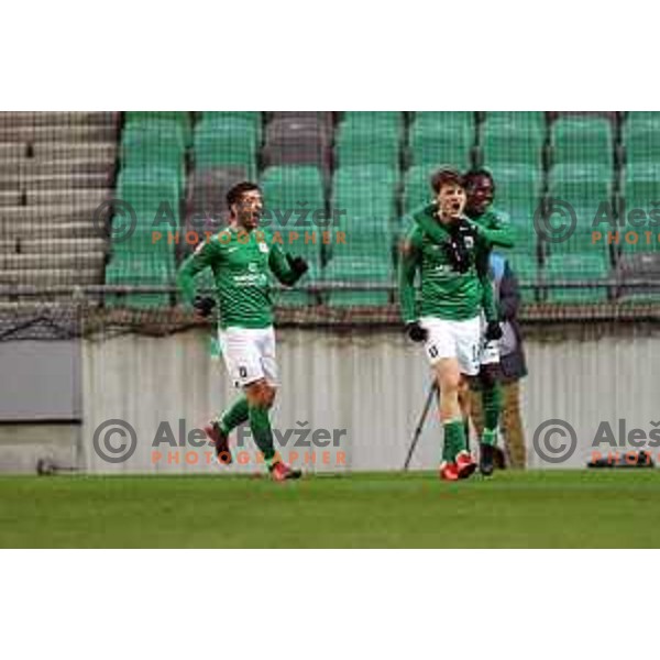 Nino Pungarsek, Gal Kurez and Erik Boakye celebrate goal during Prva Liga Telekom Slovenije 2020-2021 football match between Olimpija and Mura in SRC Stozice, Ljubljana on February 14, 2021