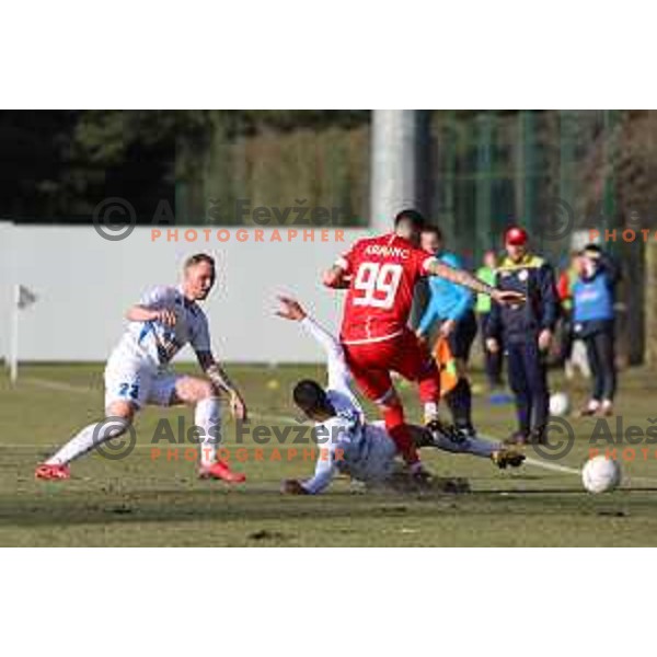 Alen Kranjc and Bradley Martis in action during Prva Liga Telekom Slovenije 2020-2021 football match between Aluminij and Celje in Kidricevo on February 17, 2021