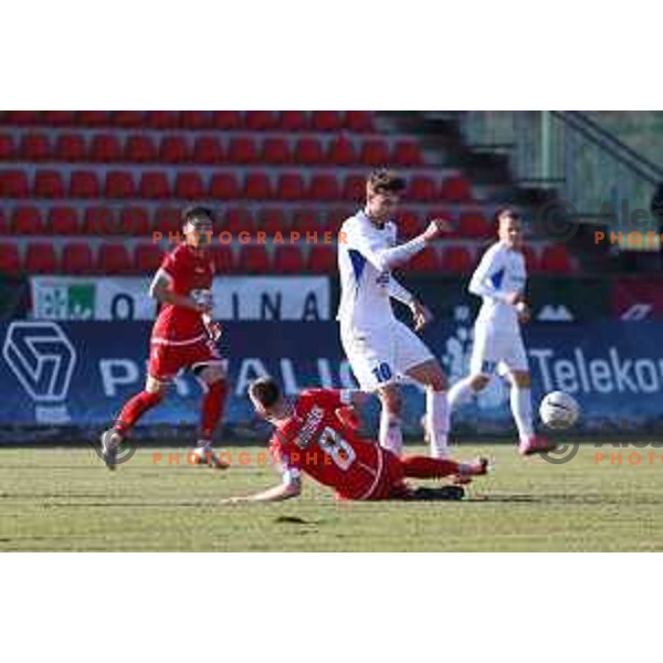 Nik Marinsek and Jakob Novak in action during Prva Liga Telekom Slovenije 2020-2021 football match between Aluminij and Celje in Kidricevo on February 17, 2021