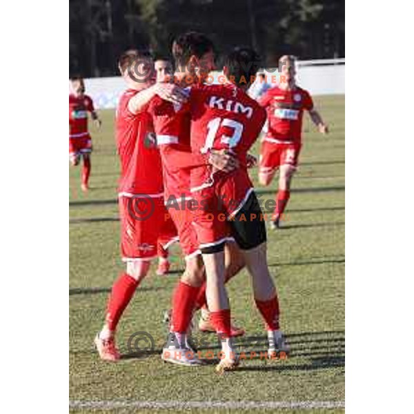 Haris kadric and Doyhun Kim celebrate goal during Prva Liga Telekom Slovenije 2020-2021 football match between Aluminij and Celje in Kidricevo on February 17, 2021