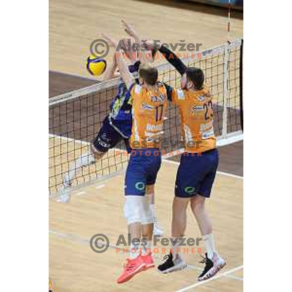 Matic Videcnik and Bozidar Vucicevic in action during 1.DOL volleyball match between ACH Volley and Merkur Maribor in Ljubljana on February 20, 2021