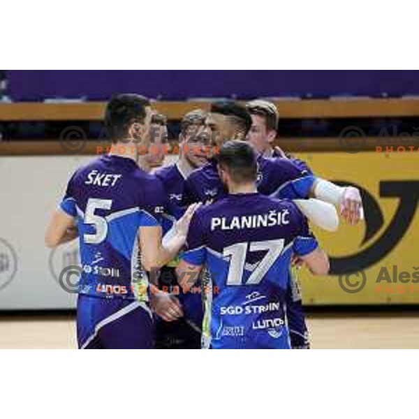 Alen Sket and Ahmed Ikhbayri in action during 1.DOL volleyball match between ACH Volley and Merkur Maribor in Ljubljana on February 20, 2021