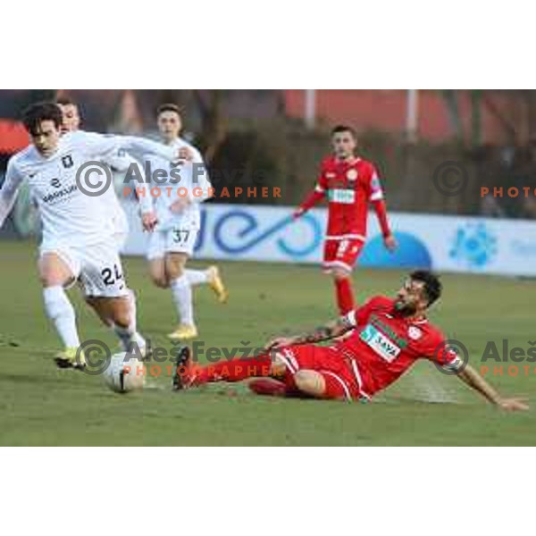 Ante Coric and Nemanja Jaksic in action during Prva liga Telekom Slovenije 2020-2021 football match between Aluminij and Olimpija in Kidricevo on February 21, 2021
