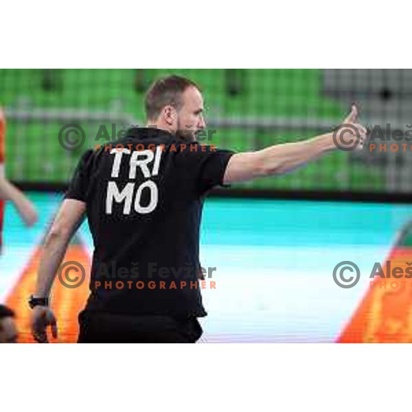 Uros Zorman, head coach of Trimo in action during EHF European League Men 2020/21 handball match between Trimo Trebnje and Gudme in Ljubljana, Slovenia on February 23, 2021