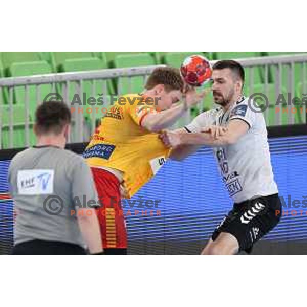 Gal Cirar in action during EHF European League Men 2020/21 handball match between Trimo Trebnje and Gudme in Ljubljana, Slovenia on February 24, 2021 