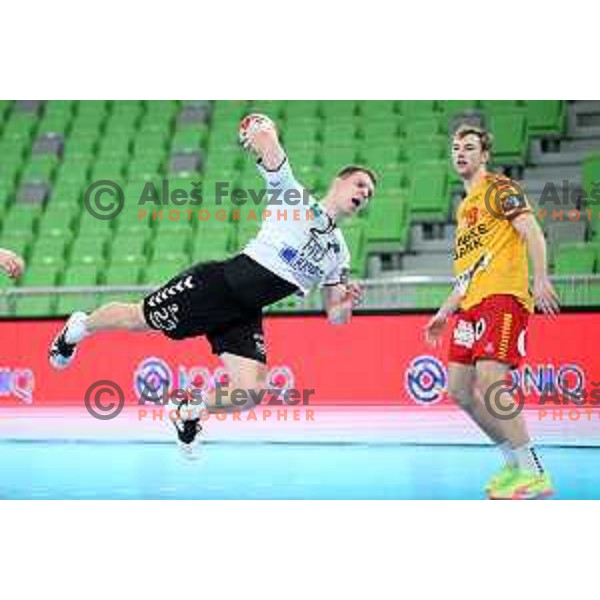 Uros Udovic in action during EHF European League Men 2020/21 handball match between Trimo Trebnje and Gudme in Ljubljana, Slovenia on February 24, 2021