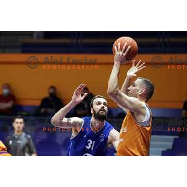 Mihailo Sekulovic and Milojko Vasilic in action during Nova KBM league basketball match between Helios Suns and Terme Olimia Podcetrtek in Domzale on February 26, 2021