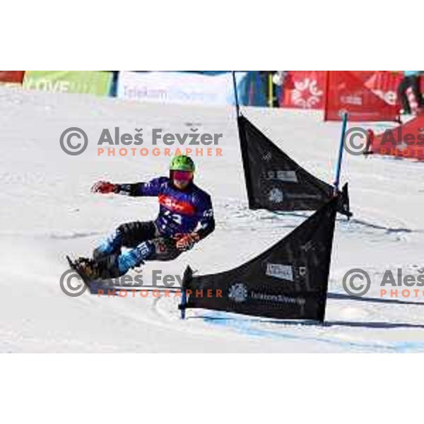 Rok Marguc (SLO) racing at Snowboard World Championships in Parallel Slalom at Rogla Ski resort, Slovenia on March 2, 2021
