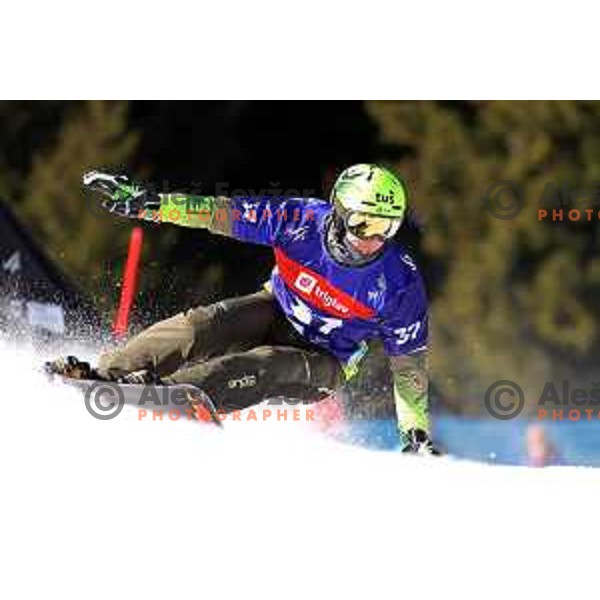 Tim Mastnak (SLO) racing at Snowboard World Championships in Parallel Slalom at Rogla Ski resort, Slovenia on March 2, 2021