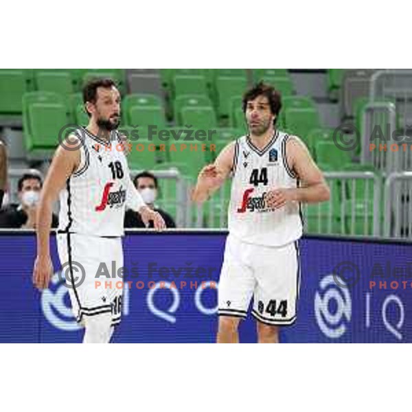 Marco Belinelli and Milos Teodosic in action during 7days EuroCup basketball match between Cedevita Olimpija (SLO) and Virtus Segafredo Bologna (ITA) in SRC Stozice, Ljubljana on March 2, 2021