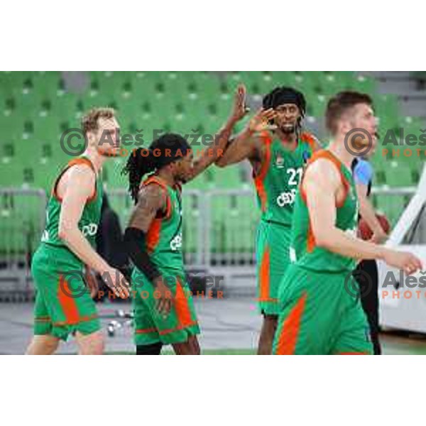Jaka Blazic, Kendrick Perry and Jarrod Jones of Cedevita Olimpija in action during 7days EuroCup basketball match between Cedevita Olimpija (SLO) and Virtus Segafredo Bologna (ITA) in SRC Stozice, Ljubljana on March 2, 2021