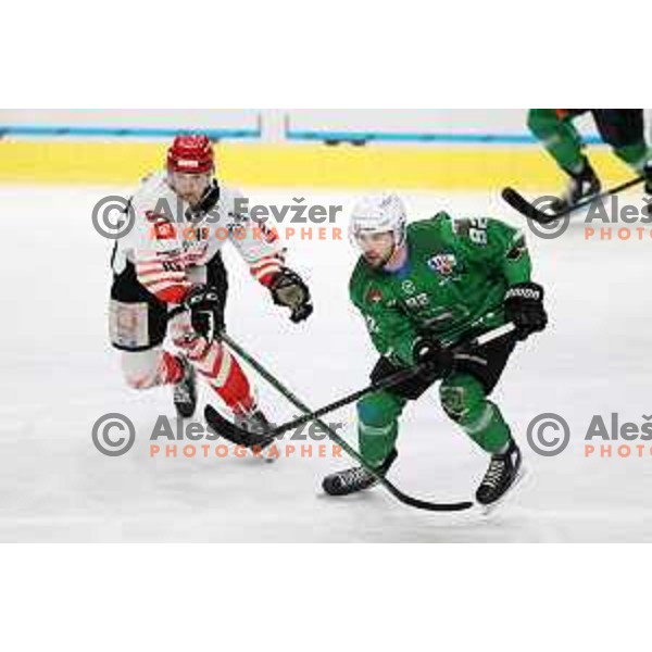 Nejc Stojan and Aleksandar Magovac in action during Alps league ice-hockey match between SZ Olimpija and Acroni Jesenice in Ljubljana, Slovenia on March 3, 2021