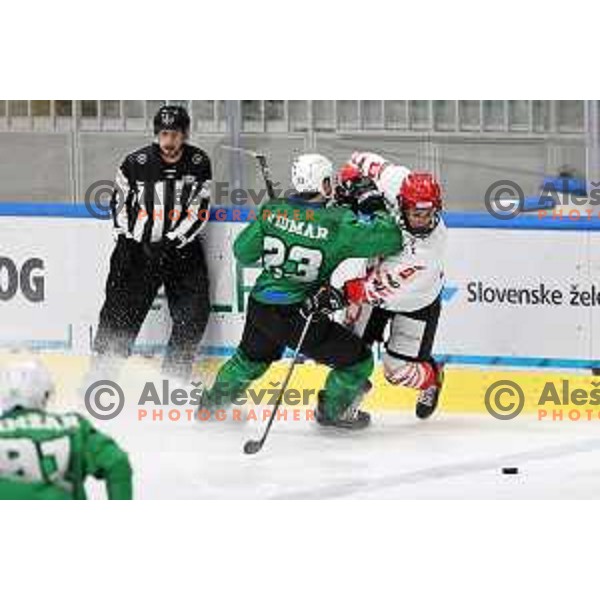 Luka Vidmar and Paolo Pinelli in action during Alps league ice-hockey match between SZ Olimpija and Acroni Jesenice in Ljubljana, Slovenia on March 3, 2021