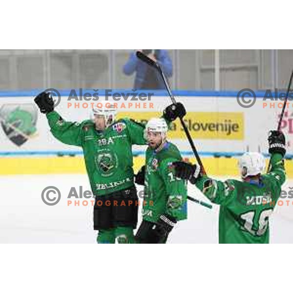 Anze ropret, Ziga Pance and Ales Music celebrate goal during Alps league ice-hockey match between SZ Olimpija and Acroni Jesenice in Ljubljana, Slovenia on March 3, 2021