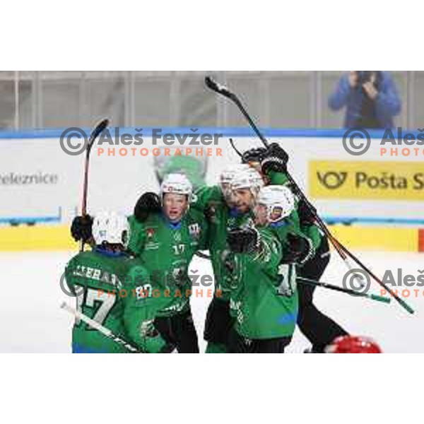 Miha Logar, Anze Ropret, Ziga Pance and celebrate goal during Alps league ice-hockey match between SZ Olimpija and Acroni Jesenice in Ljubljana, Slovenia on March 3, 2021