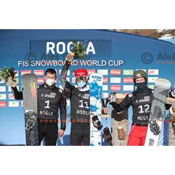 Andrej Soboljev (RUS), Zan Kosir (SLO), winner of FIS Snowboard World Cup Parallel Giant Slalom and Oskar Kwiatkowski (POL) at Rogla Ski resort, Slovenia on March 6, 2021