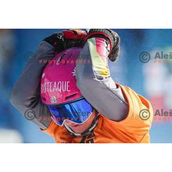 Ramona T. Hofmeister, winner of FIS Snowboard World Cup Parallel Giant Slalom Ladies at Rogla Ski resort, Slovenia on March 6, 2021