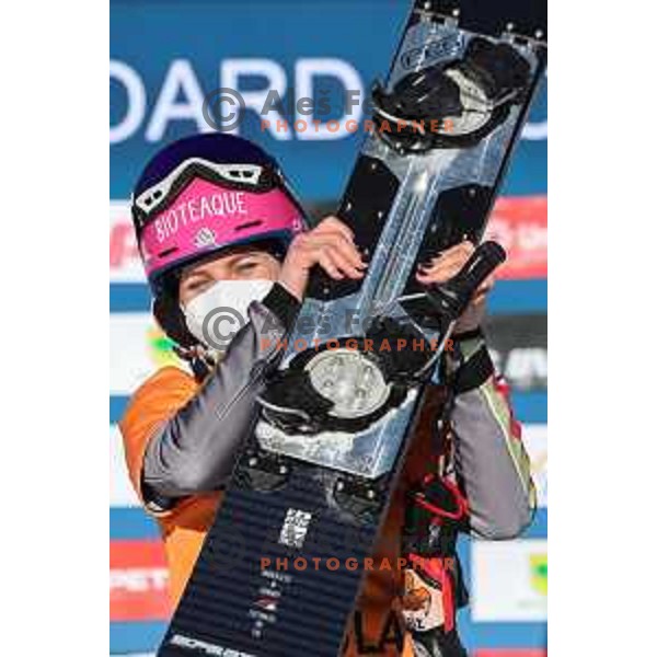 Ramona T. Hofmeister, winner of FIS Snowboard World Cup Parallel Giant Slalom Ladies at Rogla Ski resort, Slovenia on March 6, 2021