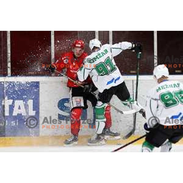 Nik Sirovnik and Tadej Cimzar in action during Alps league ice-hockey match between Acroni Jesenice and SZ Olimpija in Jesenice, Slovenia on March 9, 2021
