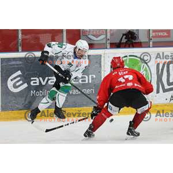 Marc Oliver Vallerand in action during Alps league ice-hockey match between Acroni Jesenice and SZ Olimpija in Jesenice, Slovenia on March 9, 2021