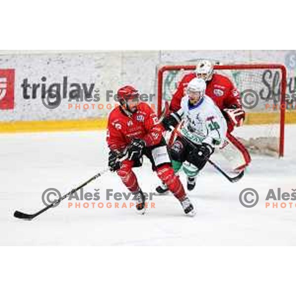 David Planko and Ales Music action during Alps league ice-hockey match between Acroni Jesenice and SZ Olimpija in Jesenice, Slovenia on March 9, 2021