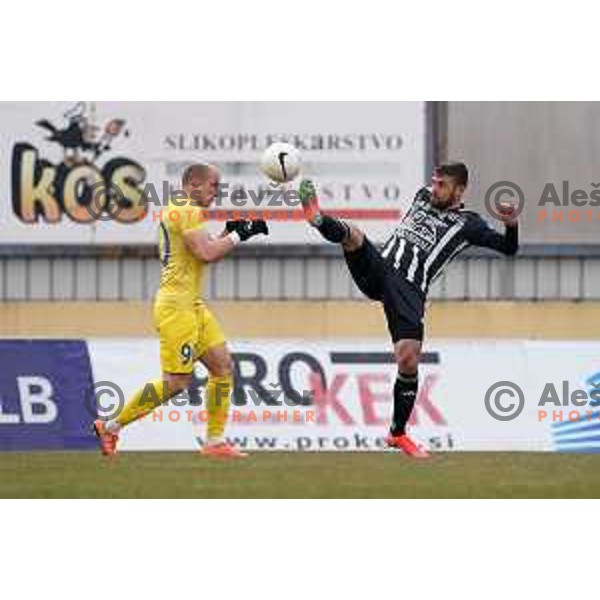 Zeni Husmani and Amadej Marosa in action during Prva Liga Telekom Slovenije 2020-2021 football match between Domzale and Mura in Domzale, Slovenia on March 10, 2021