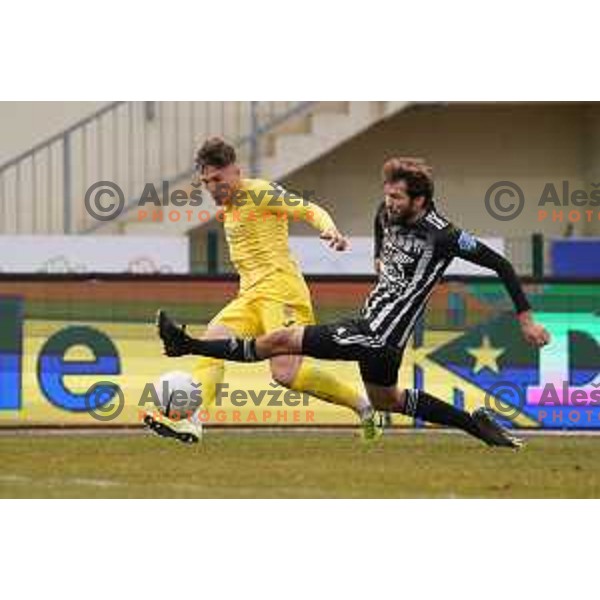 Andraz Zinic and Klemen Pucko in action during Prva Liga Telekom Slovenije 2020-2021 football match between Domzale and Mura in Domzale, Slovenia on March 10, 2021