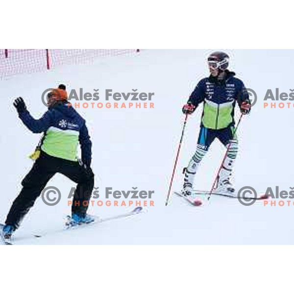 Klemen Bergant and Zan Kranjec during course inspection before first run of AUDI FIS World Cup Giant Slalom for Vitranc Cup in Kranjska gora, Slovenia on March 13, 2021