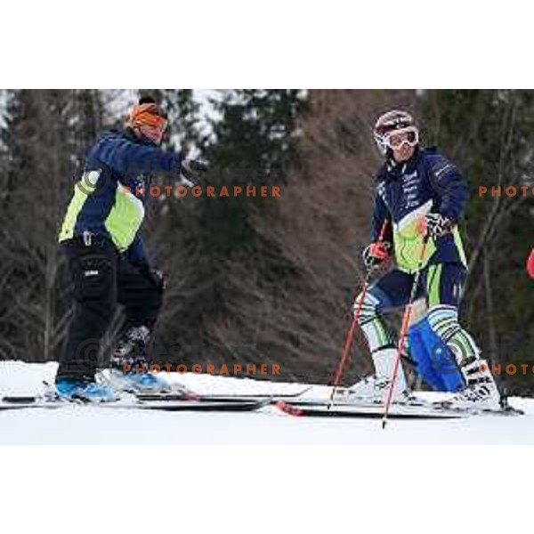 Klemen Bergant and Zan Kranjec during course inspection before first run of AUDI FIS World Cup Giant Slalom for Vitranc Cup in Kranjska gora, Slovenia on March 13, 2021
