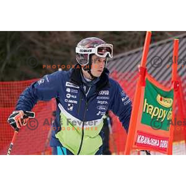 Zan Kranjec during course inspection before first run of AUDI FIS World Cup Giant Slalom for Vitranc Cup in Kranjska gora, Slovenia on March 13, 2021