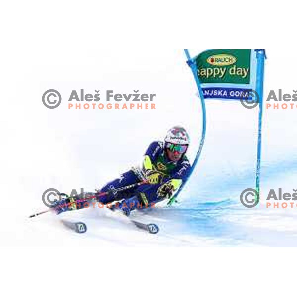 Luca de Aliprandini racing in the first run of AUDI FIS World Cup Giant Slalom for Vitranc Cup in Kranjska gora, Slovenia on March 13, 2021