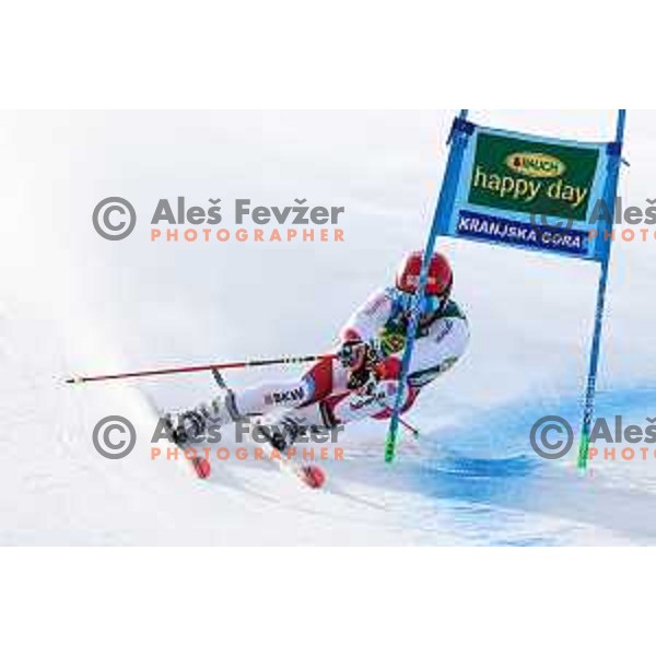 Loic Meillard racing in the first run of AUDI FIS World Cup Giant Slalom for Vitranc Cup in Kranjska gora, Slovenia on March 13, 2021
