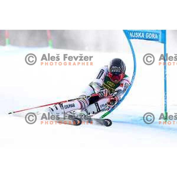 Mathieu Faivre racing in the first run of AUDI FIS World Cup Giant Slalom for Vitranc Cup in Kranjska gora, Slovenia on March 13, 2021