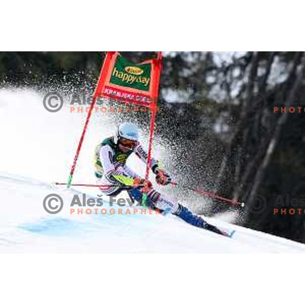 Thibaut Favrot racing in the first run of AUDI FIS World Cup Giant Slalom for Vitranc Cup in Kranjska gora, Slovenia on March 13, 2021