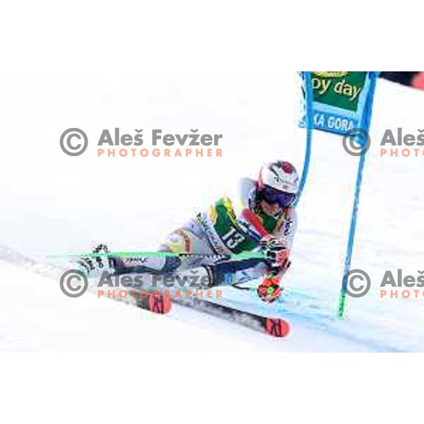 Henrik Kristoffersen racing in the first run of AUDI FIS World Cup Giant Slalom for Vitranc Cup in Kranjska gora, Slovenia on March 13, 2021