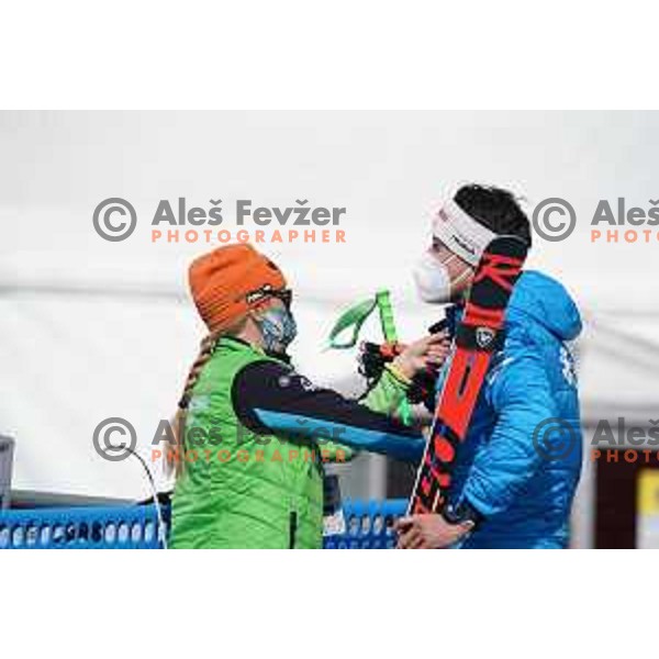 Spela Pretnar and Stefan Hadalin in the second run of AUDI FIS World Cup Giant Slalom for Vitranc Cup in Kranjska gora, Slovenia on March 13, 2021