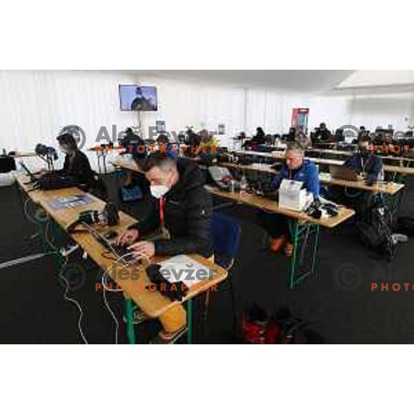 Photographers and journalists working in press centre of AUDI FIS World Cup Giant Slalom for Vitranc Cup in Kranjska gora, Slovenia on March 13, 2021