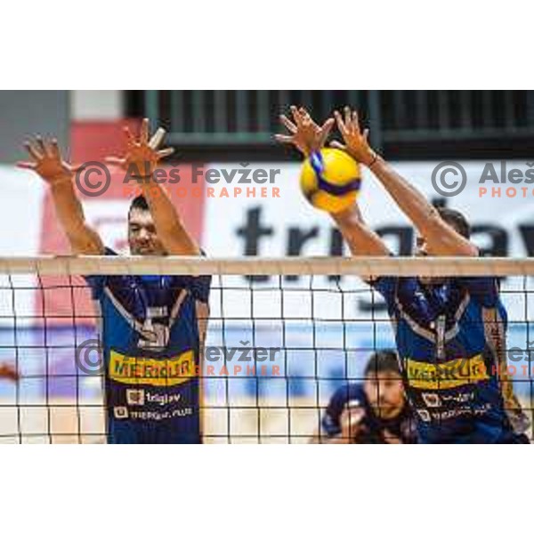 Alen Sket and Miha Cafuta in action during 1.DOL Volleyball league match between Merkur Maribor and Salonit Anhovo in Dvorana Tabor, Maribor, Slovenia on March 20, 2021