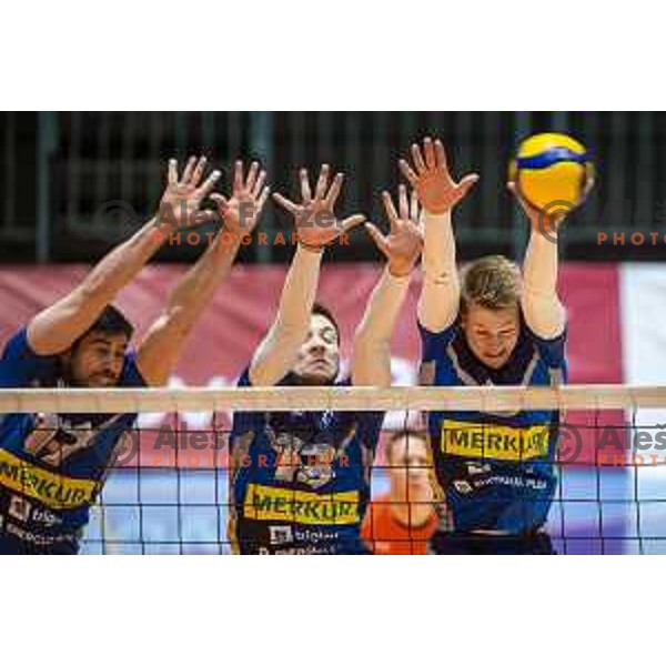 Uros Planinsec, Filip Uremovic and Rok Mozic in action during 1.DOL Volleyball league match between Merkur Maribor and Salonit Anhovo in Dvorana Tabor, Maribor, Slovenia on March 20, 2021
