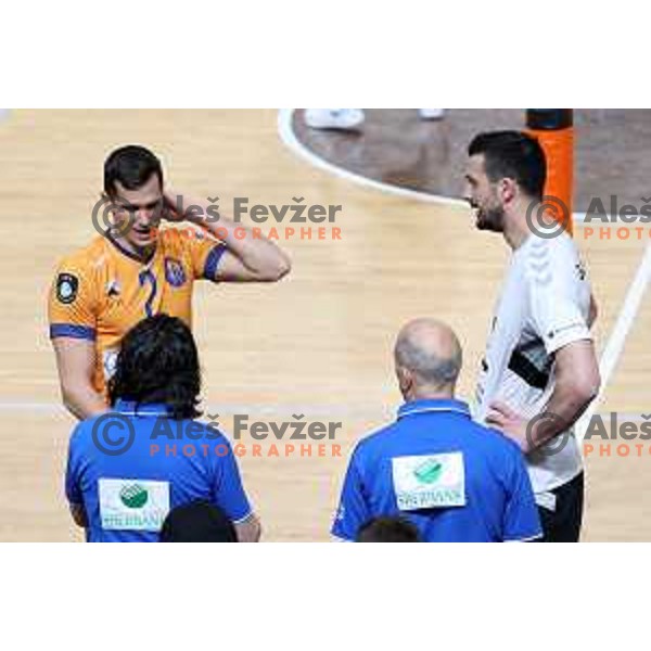 Gregor Ropret and Mitja Gasparini in action during 1.DOL league match between ACH Volley and Calcit Kamnik in Ljubljana, Slovenia on March 20, 2021