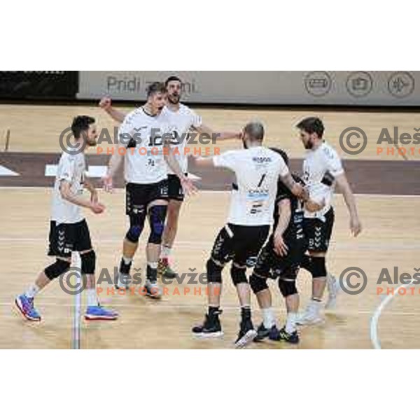 Jan Brulec, Saso Stalekar and Mitja Gasparini in action during 1.DOL league match between ACH Volley and Calcit Kamnik in Ljubljana, Slovenia on March 20, 2021