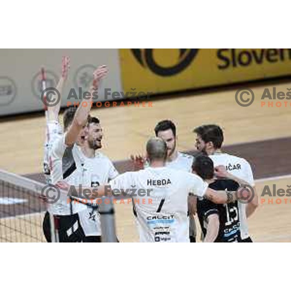 Saso Stalekar, Mitja Gasparini ,Jan Brulec in action during 1.DOL league match between ACH Volley and Calcit Kamnik in Ljubljana, Slovenia on March 20, 2021