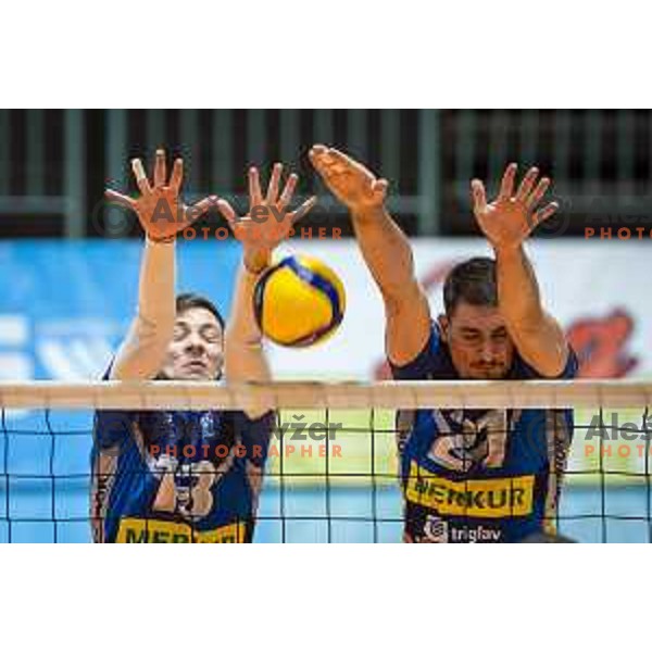 Filip Uremovic and Yevhenii Kisiliuk in action during 1.DOL volleyball match finals between Merkur Maribor and ACH Volley in Dvorana Tabor, Maribor, Slovenia on March 26, 2021