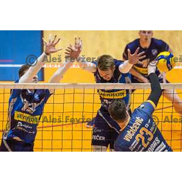 Filip Uremovic and Rok Mozic in action during 1.DOL volleyball match finals between Merkur Maribor and ACH Volley in Dvorana Tabor, Maribor, Slovenia on March 26, 2021