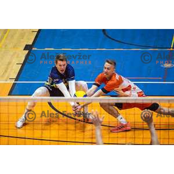 Rok Mozic and Aljaz Herman in action during 1.DOL volleyball match finals between Merkur Maribor and ACH Volley in Dvorana Tabor, Maribor, Slovenia on March 26, 2021