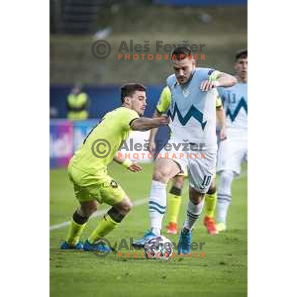 Timi Max Elsnik in action during U21 UEFA European Championship 2021 football match between Slovenia and Czech Republic in Arena Z’dezele, Celje, Slovenia on March 27, 2021
