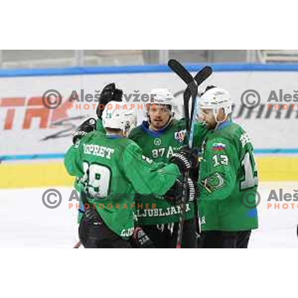 Anze Ropret, Marc Oliver Vallerand and Ziga Pance celebrate goal during first match of the semi-final of Alps league between SZ Olimpija and Lustenau in Ljubljana, Slovenia on April 8, 2021