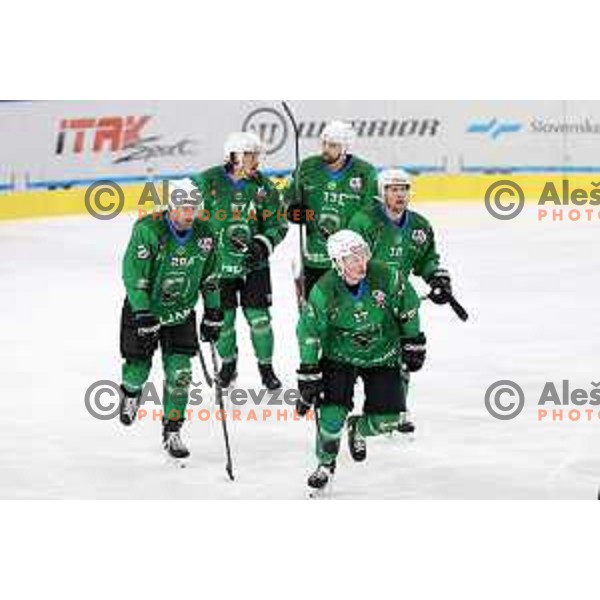 Anze Ropret, Miha Logar and Ales Music celebrate goal during first match of the semi-final of Alps league between SZ Olimpija and Lustenau in Ljubljana, Slovenia on April 8, 2021