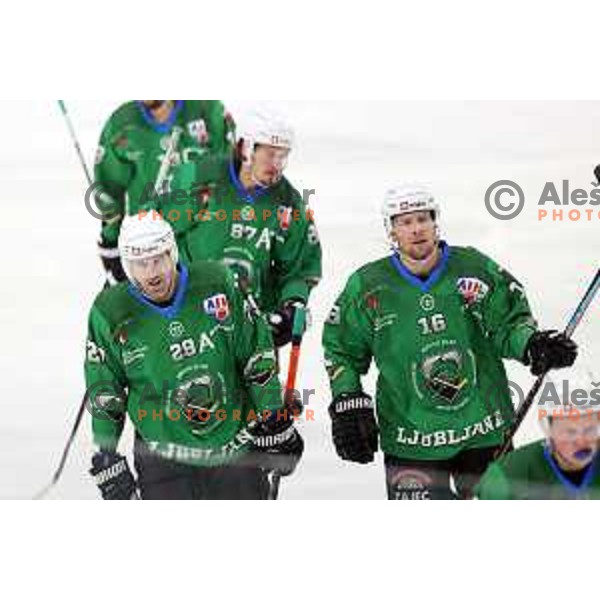 Anze Ropret and Ales Music celebrate goal during first match of the semi-final of Alps league between SZ Olimpija and Lustenau in Ljubljana, Slovenia on April 8, 2021